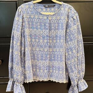 Zara Light Blue White Eyelet Embroidered Blouse